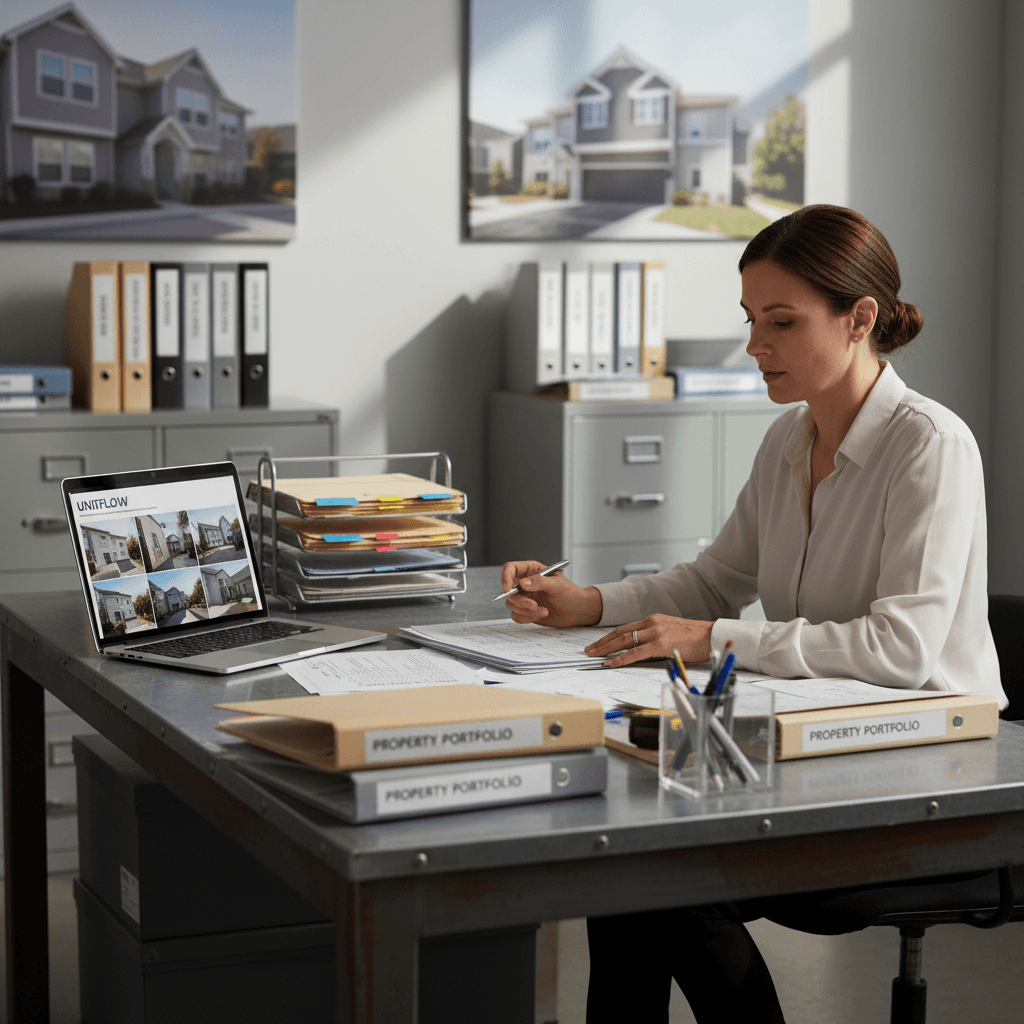 Property manager reviewing tenant and maintenance records
