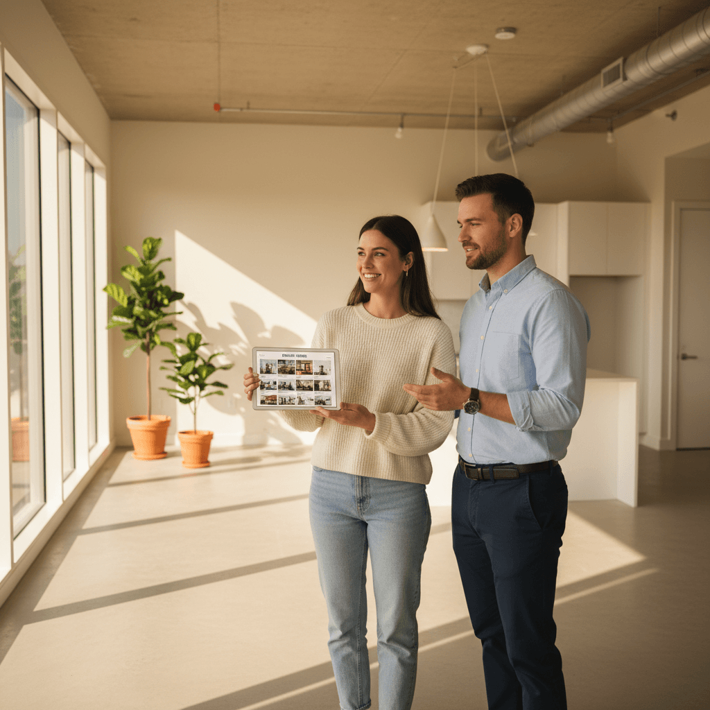 Couple reviewing property details in a modern apartment