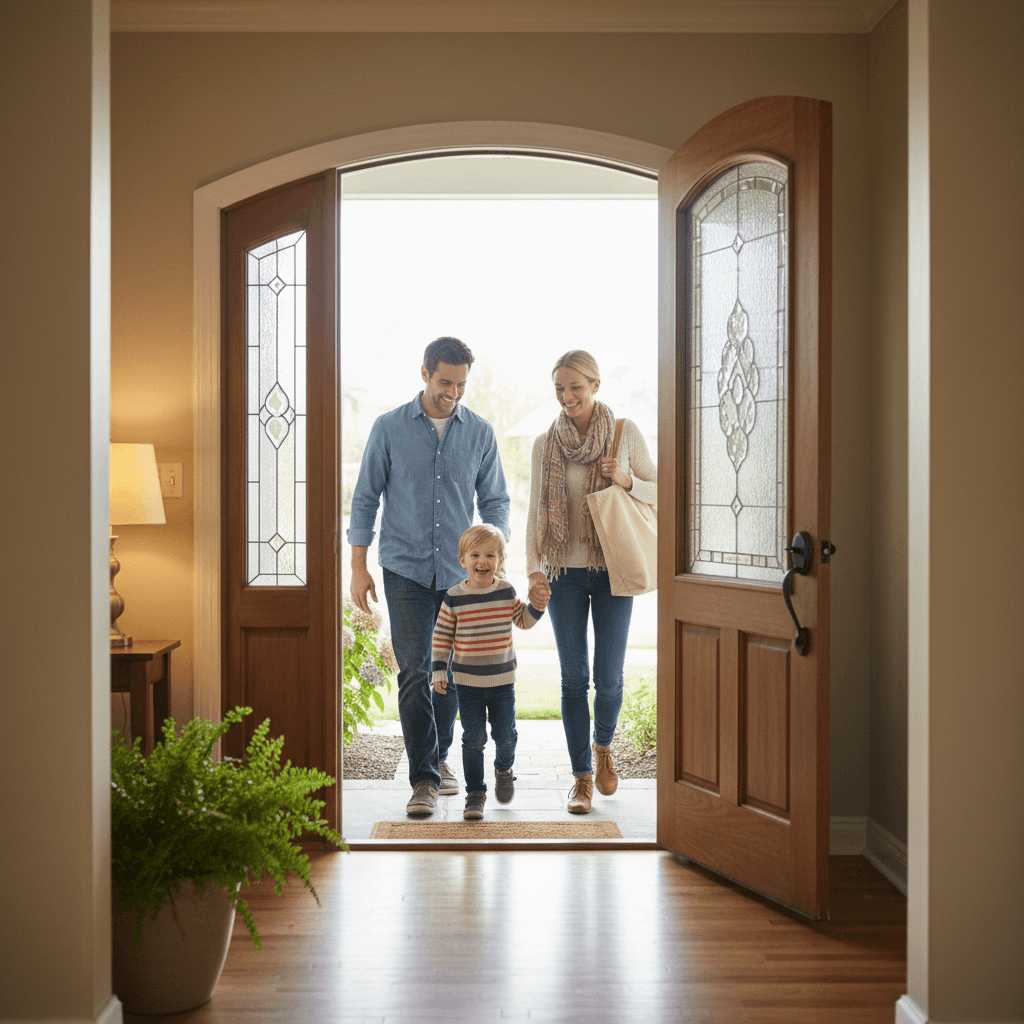 Family entering their new rental home in Makassar