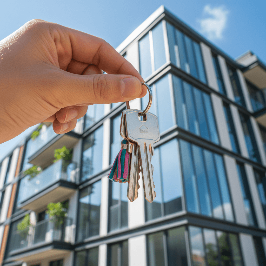 New apartment keys held in front of residential building