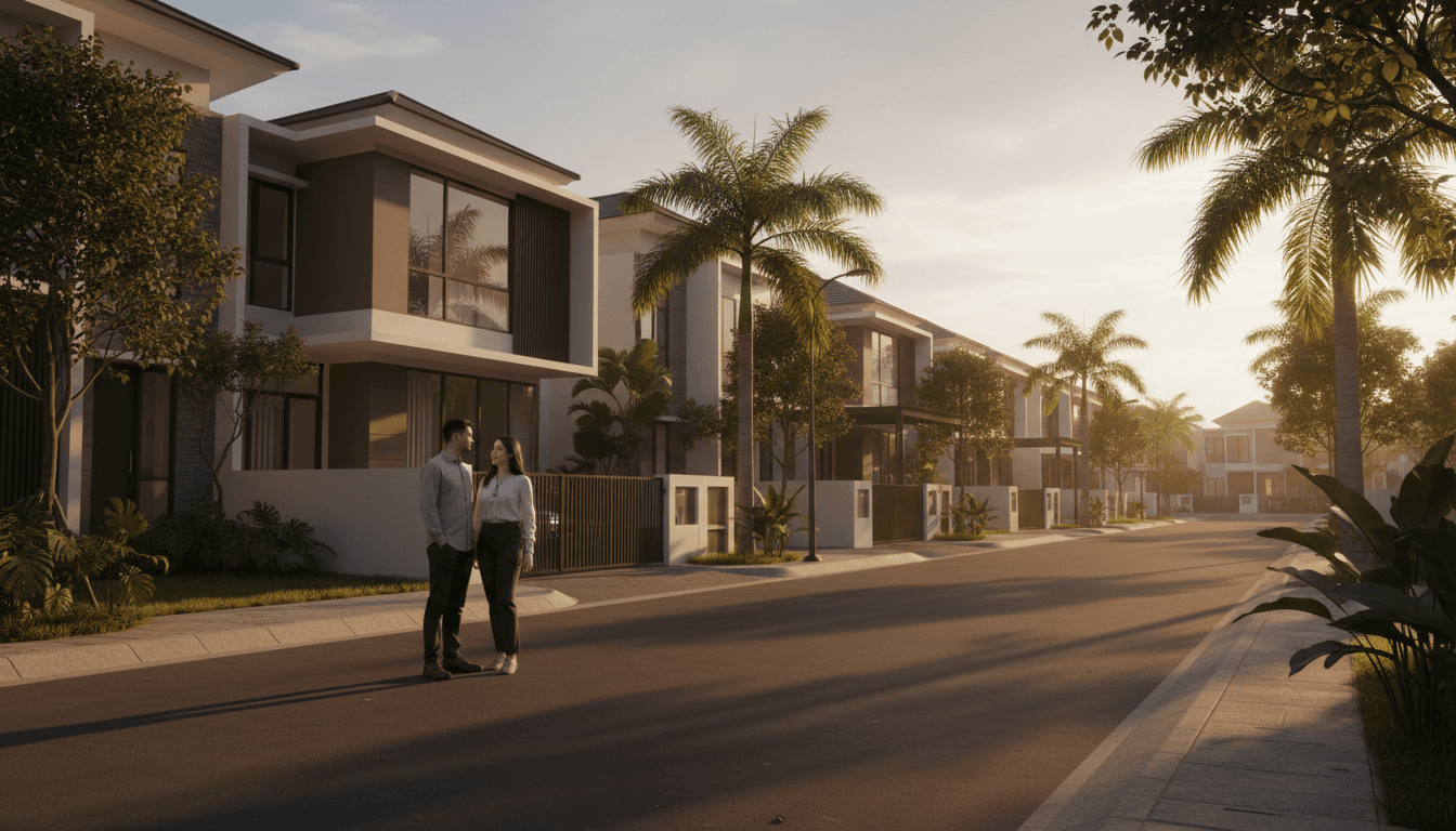Young couple smiling in front of a modern residential property in Makassar