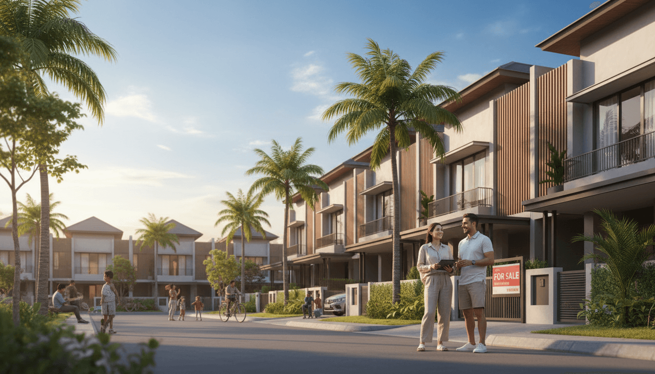 Real estate agent showing property to buyer in Makassar neighborhood