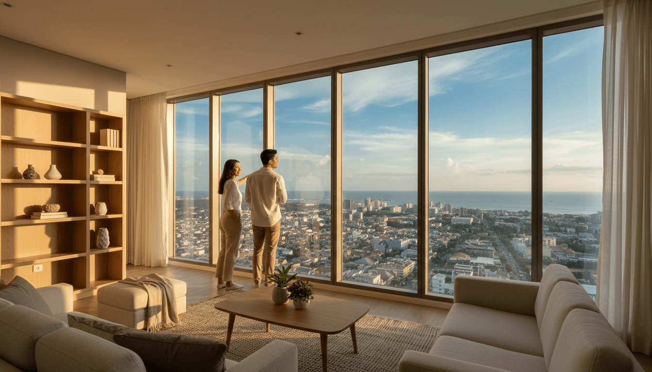 Couple viewing apartment with Makassar city view